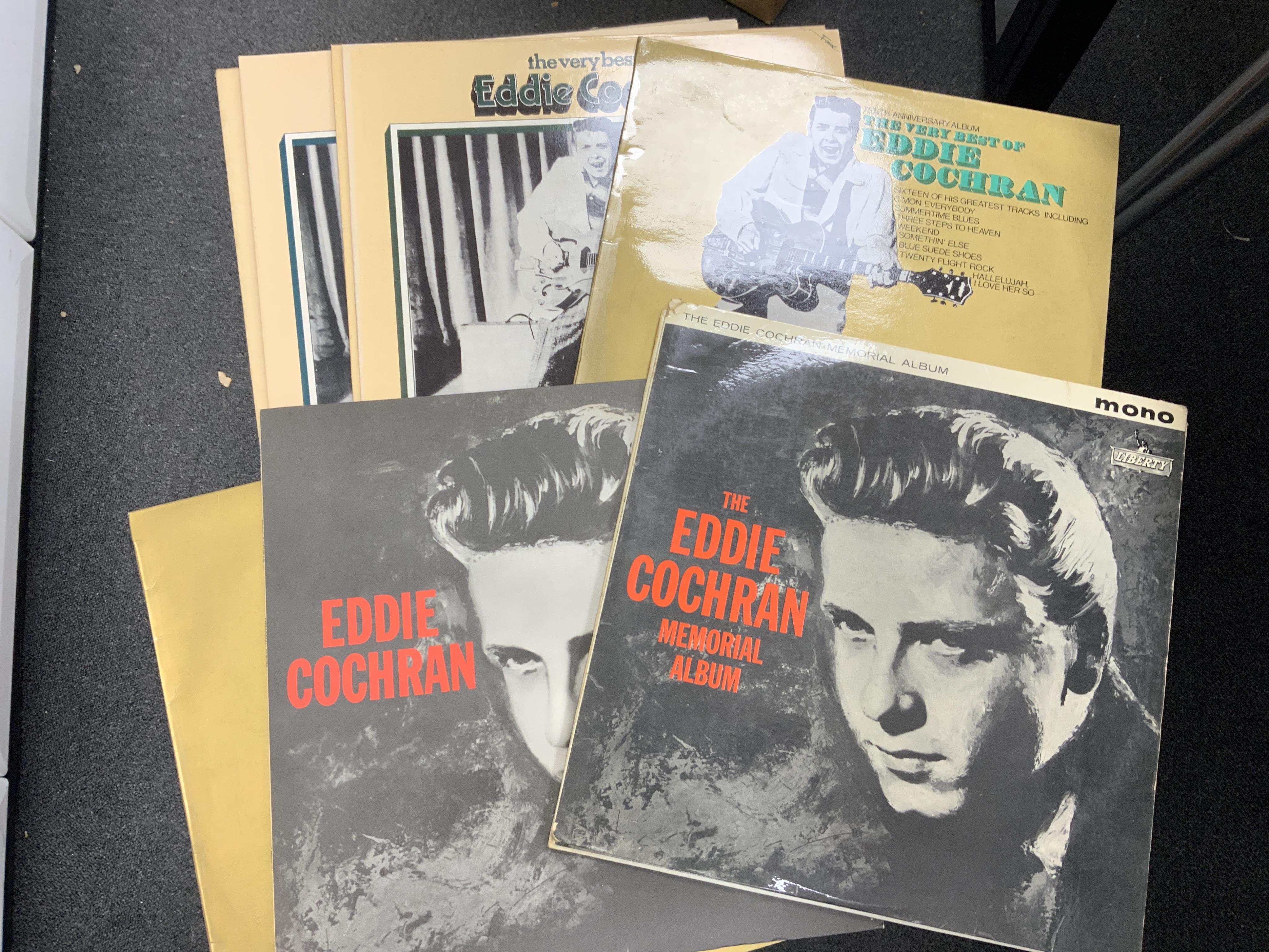 Ninety-six Eddie Cochran LP record albums, including some later pressings of early albums on Liberty labels etc.; 20th anniversary box set, 15th anniversary album, On the Air, My Way, Cherished Memories, the Eddie Cochra